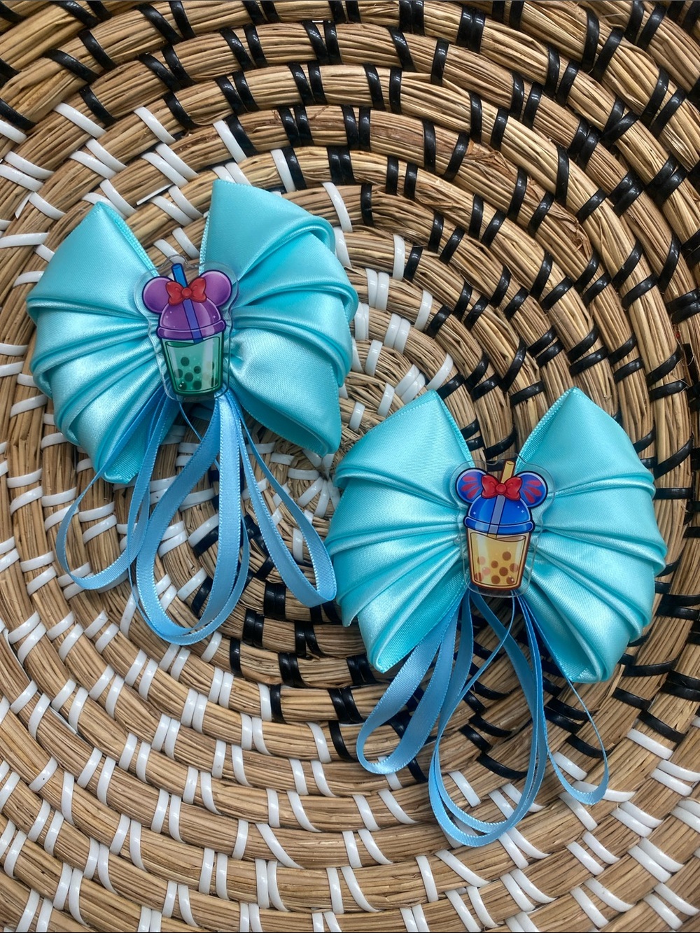 Aqua Satin Hair Bows with Mickey Bubble Tea Charms